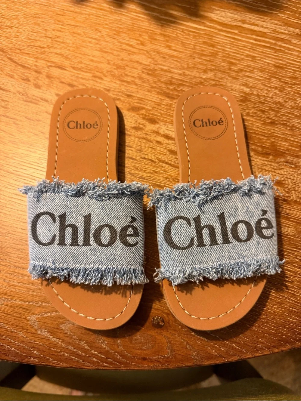 Chloé Light Blue Denim Logo Slide Sandals for Kids